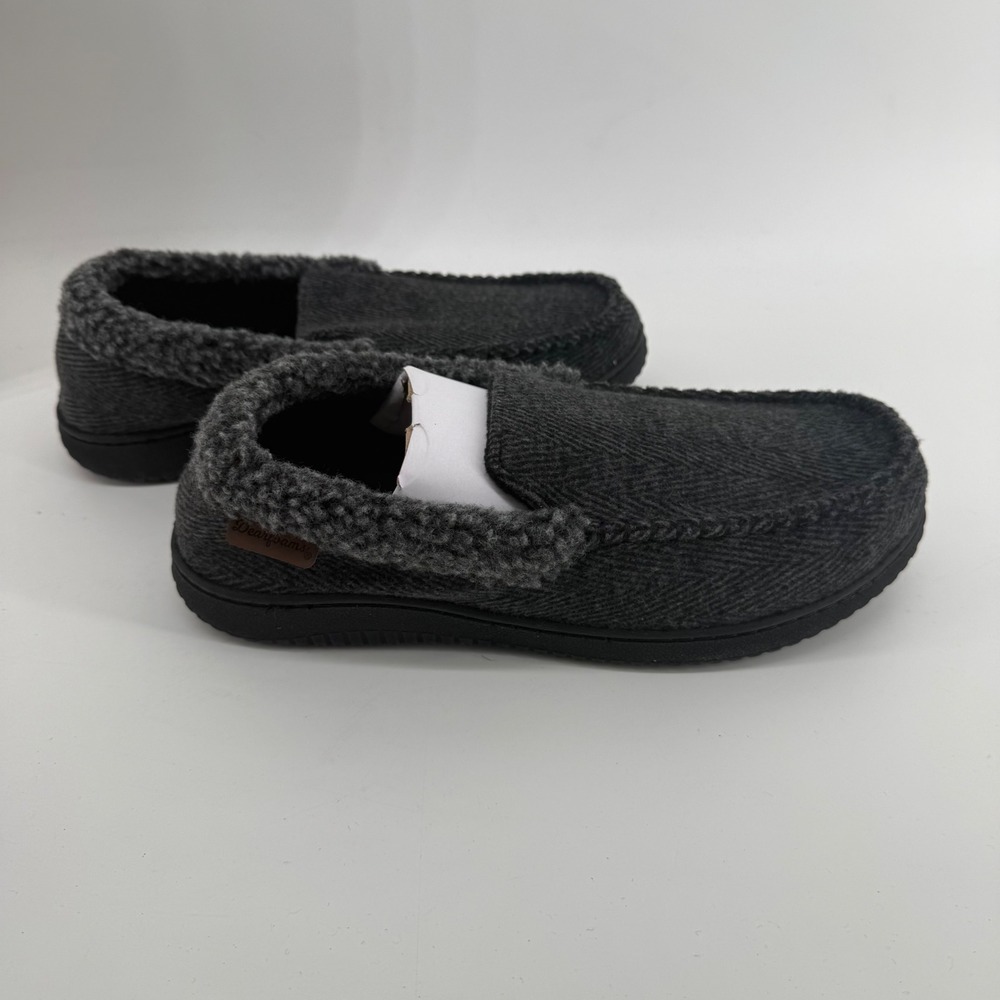 Dearfoams Mens Memory Foam Herringbone Moccasin Slippers Grey Medium 9-10